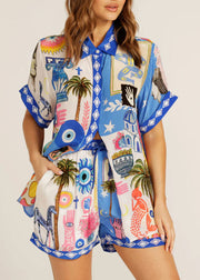 Loose Blue Peter Pan Collar Button Shirts And Shorts Two Pieces Set Summer
