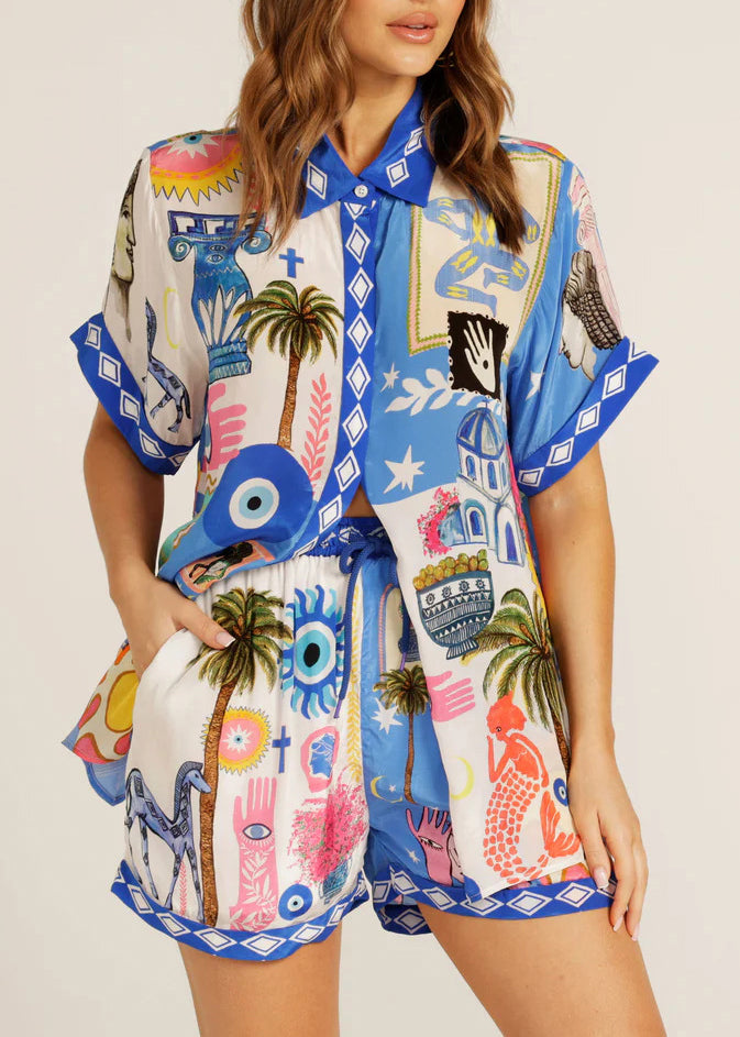 Loose Blue Peter Pan Collar Button Shirts And Shorts Two Pieces Set Summer
