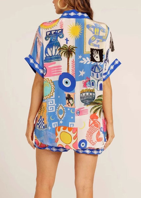 Loose Blue Peter Pan Collar Button Shirts And Shorts Two Pieces Set Summer