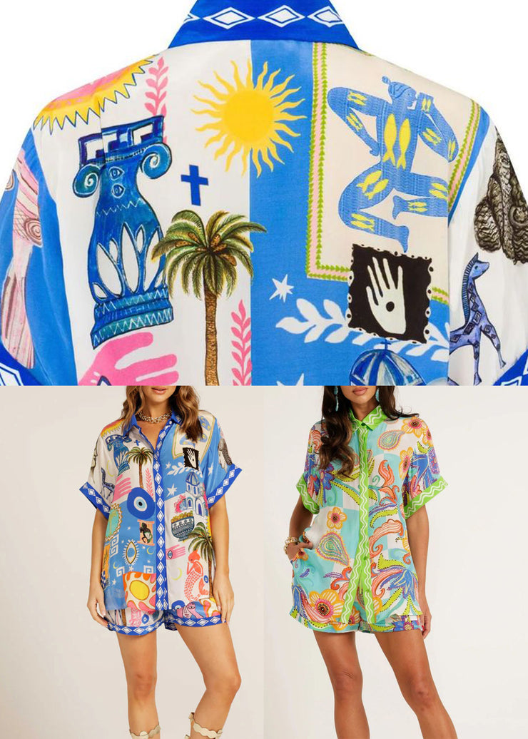 Loose Blue Peter Pan Collar Button Shirts And Shorts Two Pieces Set Summer