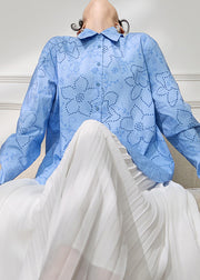 Loose Blue Peter Pan Collar Hollow Out Cotton Blouse Fall