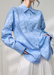 Loose Blue Peter Pan Collar Hollow Out Cotton Blouse Fall