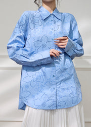 Loose Blue Peter Pan Collar Hollow Out Cotton Blouse Fall