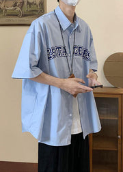 Loose Blue Peter Pan Collar Letter Cotton Mens Shirts Summer