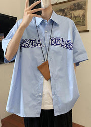 Loose Blue Peter Pan Collar Letter Cotton Mens Shirts Summer