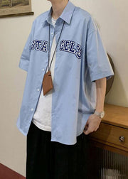 Loose Blue Peter Pan Collar Letter Cotton Mens Shirts Summer