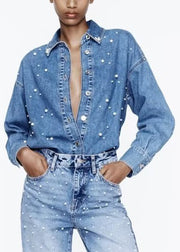 Loose Blue Peter Pan Collar Pearl Denim Shirt Fall