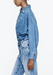 Loose Blue Peter Pan Collar Pearl Denim Shirt Fall