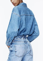 Loose Blue Peter Pan Collar Pearl Denim Shirt Fall