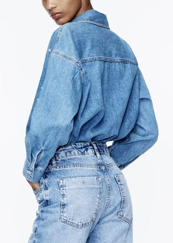 Loose Blue Peter Pan Collar Pearl Denim Shirt Fall
