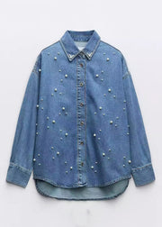 Loose Blue Peter Pan Collar Pearl Denim Shirt Fall