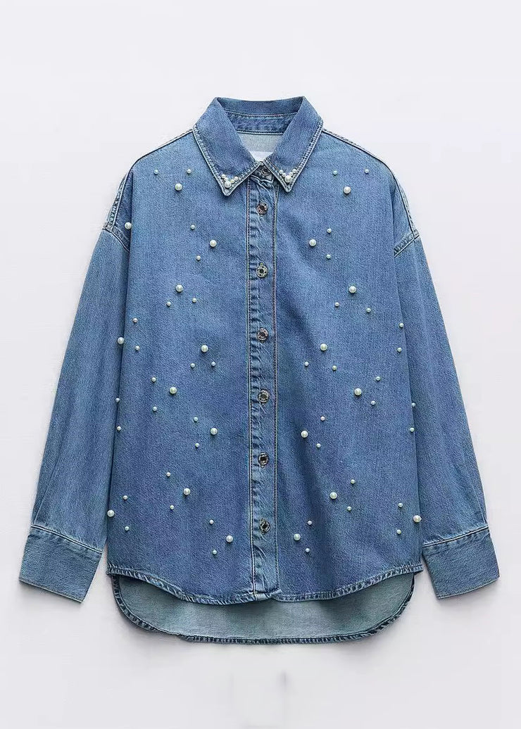 Loose Blue Peter Pan Collar Pearl Denim Shirt Fall