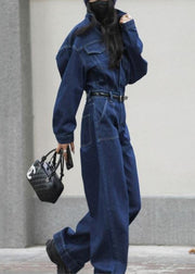 Loose Blue Peter Pan Collar Pockets High Waist Denim Jumpsuits Fall