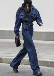 Loose Blue Peter Pan Collar Pockets High Waist Denim Jumpsuits Fall