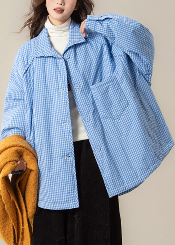 Loose Blue Peter Pan Collar Pockets Plaid Parkas Winter