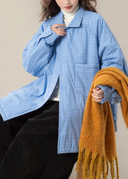 Loose Blue Peter Pan Collar Pockets Plaid Parkas Winter