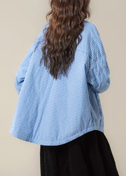 Loose Blue Peter Pan Collar Pockets Plaid Parkas Winter