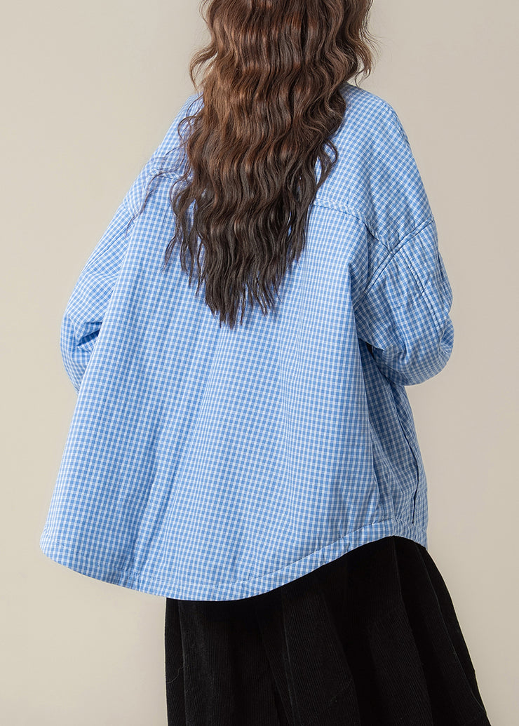 Loose Blue Peter Pan Collar Pockets Plaid Parkas Winter