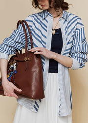 Loose Blue Peter Pan Collar Striped Cotton Shirts Fall