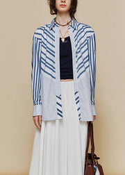 Loose Blue Peter Pan Collar Striped Cotton Shirts Fall