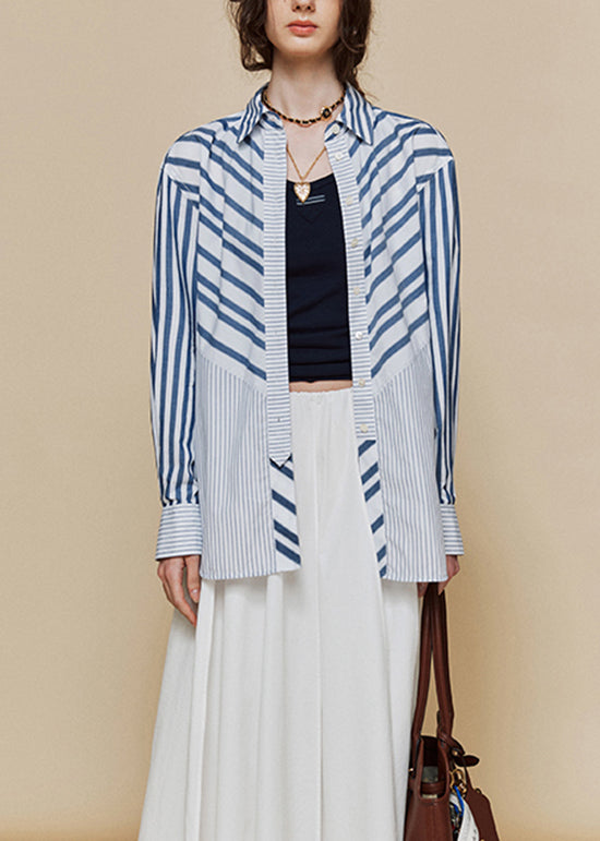 Loose Blue Peter Pan Collar Striped Cotton Shirts Fall