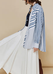 Loose Blue Peter Pan Collar Striped Cotton Shirts Fall