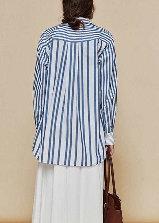 Loose Blue Peter Pan Collar Striped Cotton Shirts Fall