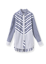 Loose Blue Peter Pan Collar Striped Cotton Shirts Fall