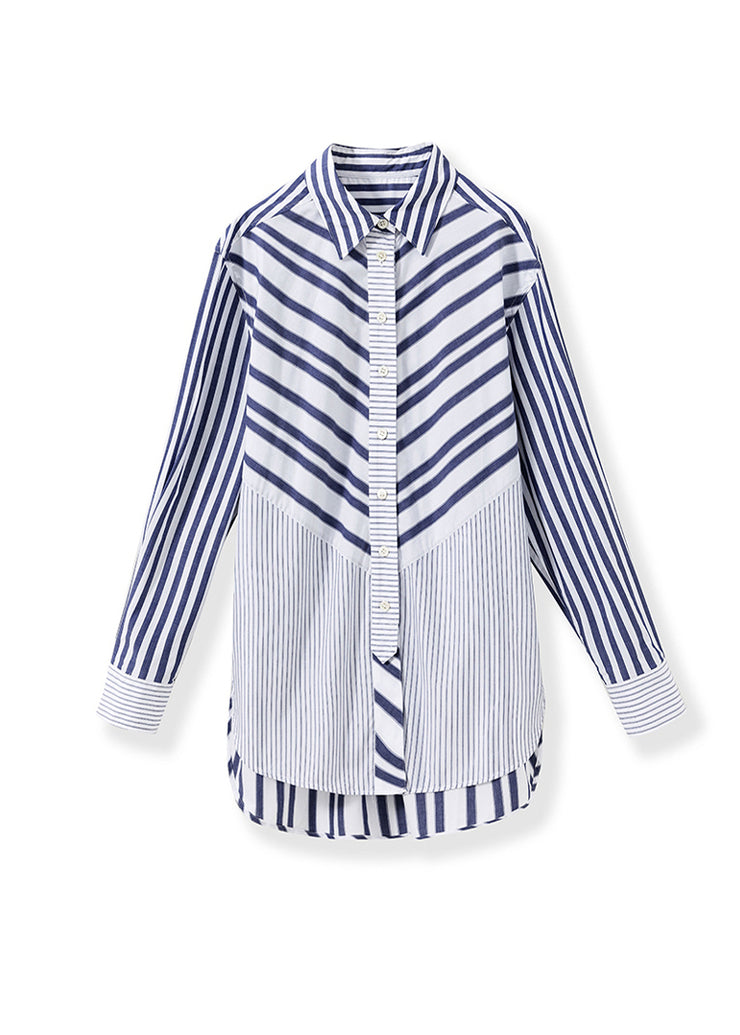 Loose Blue Peter Pan Collar Striped Cotton Shirts Fall