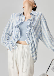 Loose Blue Peter Pan Collar Striped Drawstring Cotton Shirts Fall