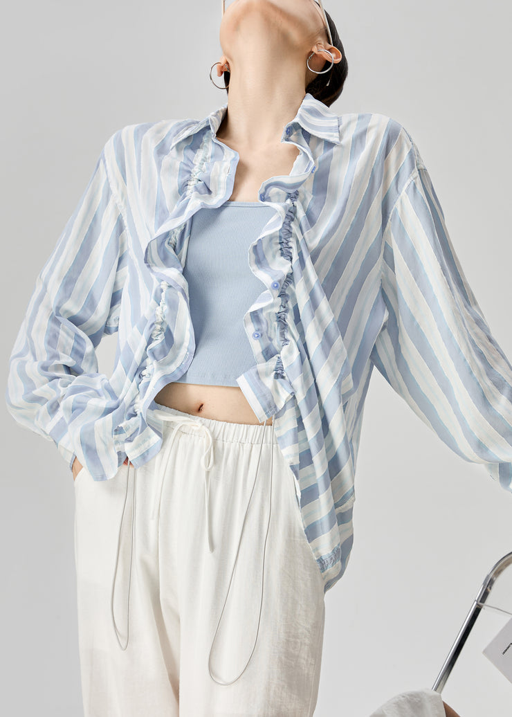 Loose Blue Peter Pan Collar Striped Drawstring Cotton Shirts Fall
