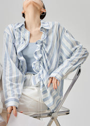 Loose Blue Peter Pan Collar Striped Drawstring Cotton Shirts Fall