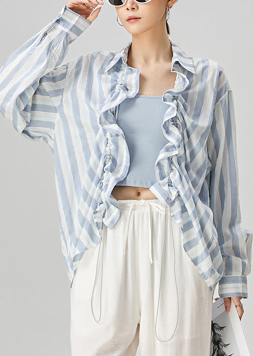 Loose Blue Peter Pan Collar Striped Drawstring Cotton Shirts Fall
