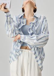 Loose Blue Peter Pan Collar Striped Drawstring Cotton Shirts Fall