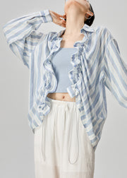 Loose Blue Peter Pan Collar Striped Drawstring Cotton Shirts Fall