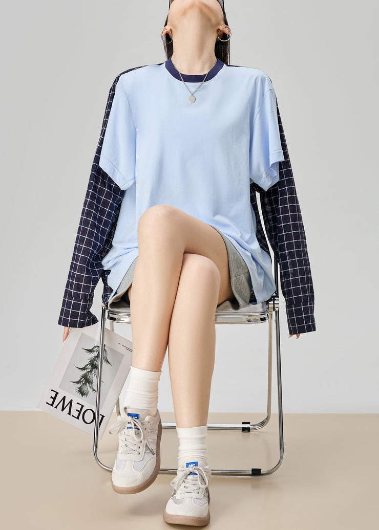 Loose Blue Plaid False Two Pieces Patchwork Cotton Shirt Fall