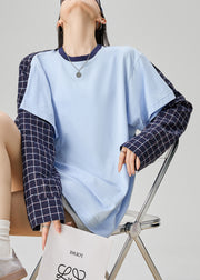 Loose Blue Plaid False Two Pieces Patchwork Cotton Shirt Fall