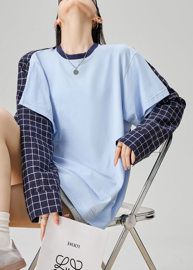 Loose Blue Plaid False Two Pieces Patchwork Cotton Shirt Fall