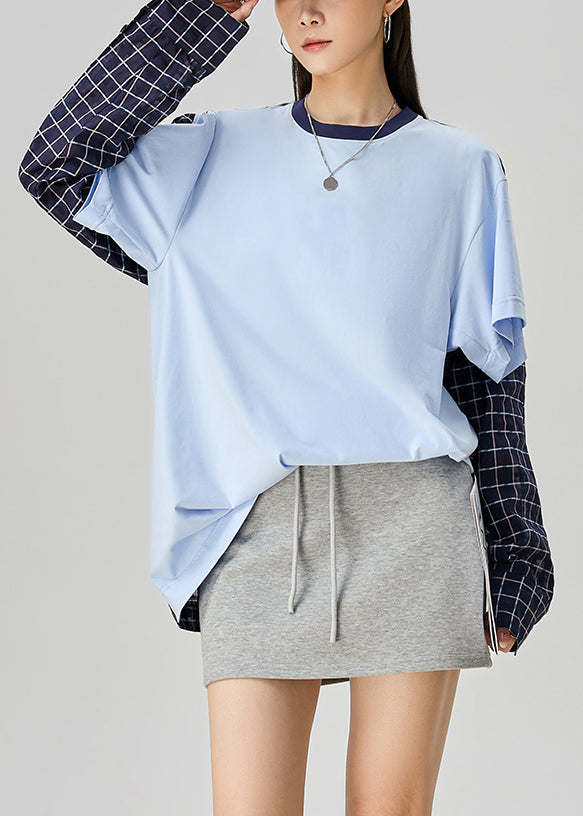 Loose Blue Plaid False Two Pieces Patchwork Cotton Shirt Fall