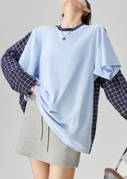 Loose Blue Plaid False Two Pieces Patchwork Cotton Shirt Fall