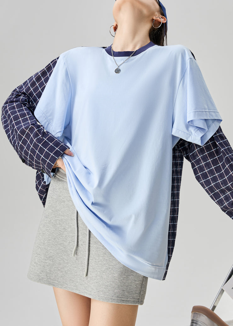 Loose Blue Plaid False Two Pieces Patchwork Cotton Shirt Fall