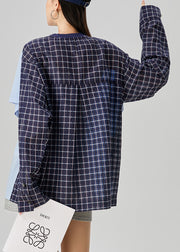 Loose Blue Plaid False Two Pieces Patchwork Cotton Shirt Fall