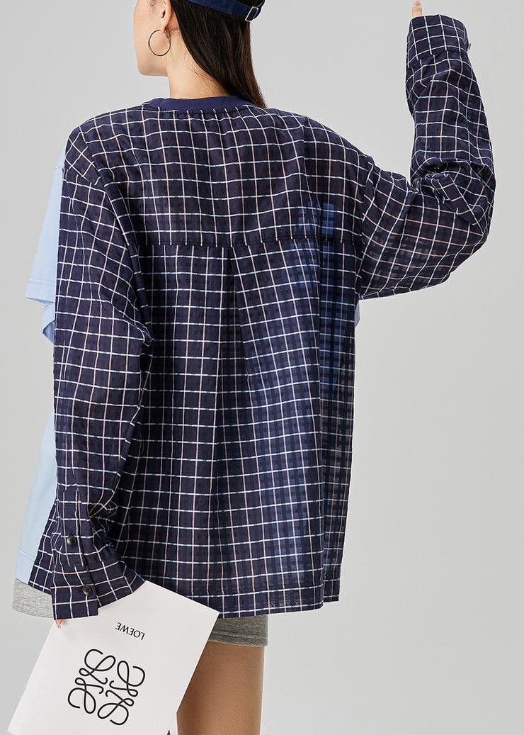 Loose Blue Plaid False Two Pieces Patchwork Cotton Shirt Fall