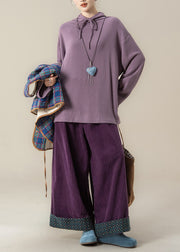 Loose Blue Plaid Lace Up Cotton Filled Waistcoat And Purple Wide Leg Pants Three Pieces Set Sleeveless