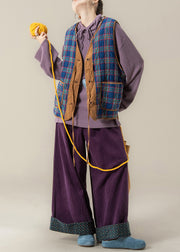 Loose Blue Plaid Lace Up Cotton Filled Waistcoat And Purple Wide Leg Pants Three Pieces Set Sleeveless