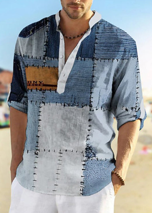 Loose Blue Plaid Patchwork Cotton Men T Shirts Fall