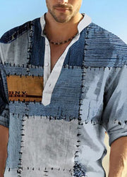 Loose Blue Plaid Patchwork Cotton Men T Shirts Fall