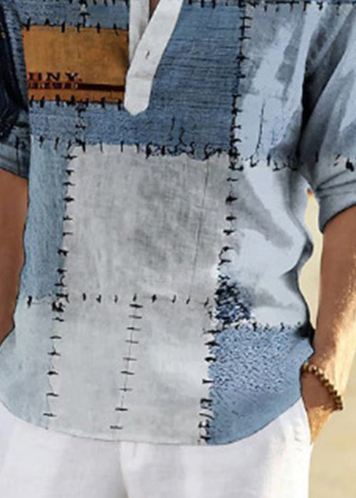 Loose Blue Plaid Patchwork Cotton Men T Shirts Fall