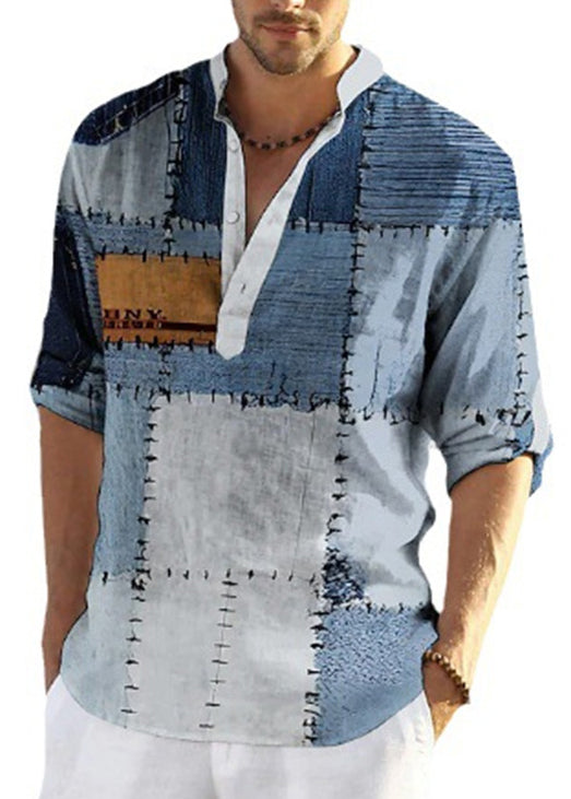 Loose Blue Plaid Patchwork Cotton Men T Shirts Fall