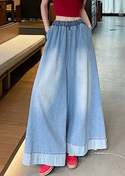 Loose Blue Pockets Elastic Waist Denim Wide Leg Pants Fall